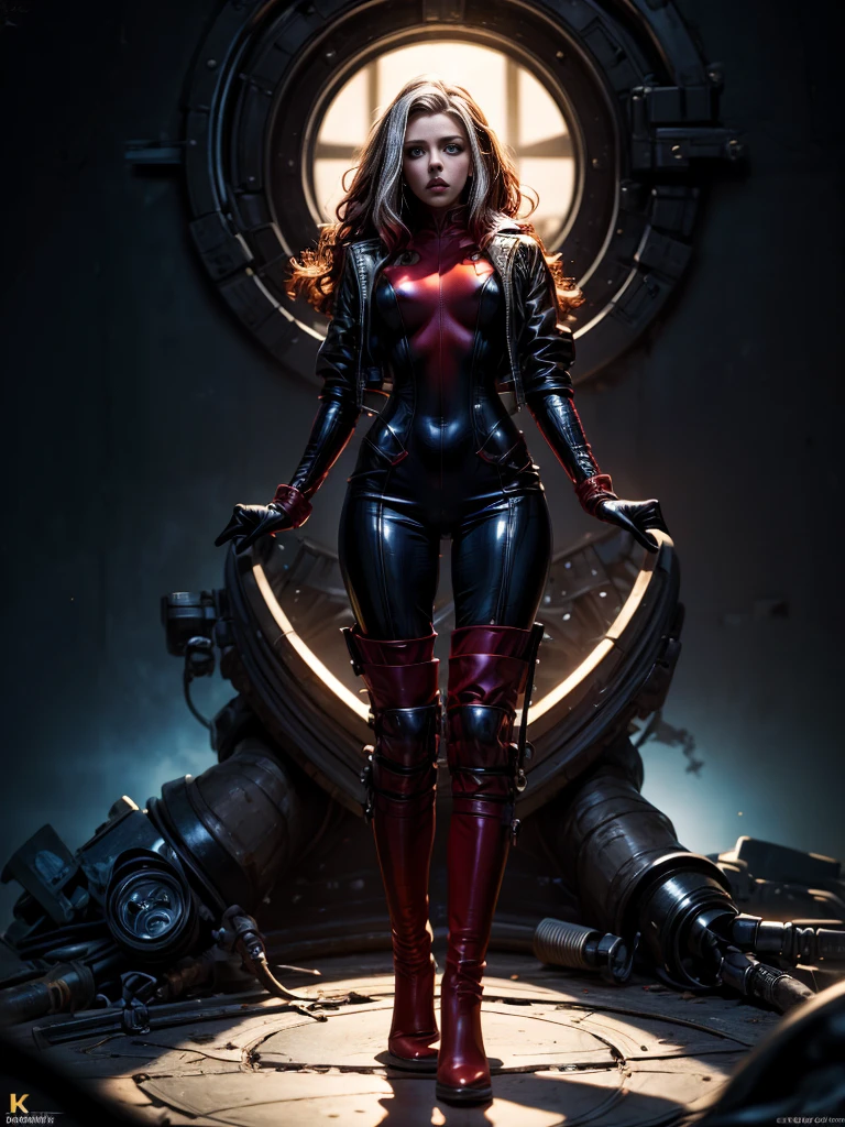 Scarlett Johansson、masterpiece、High quality 4K、villain (X-Men)、Gothic Girl、Sculpted Body Gothic Makeup、Black jacket、Red and blue bodysuit、masterpiece、Highest quality、Cowboy Shots、One personの女の子、One person、Technology Military Bodysuit、fringe