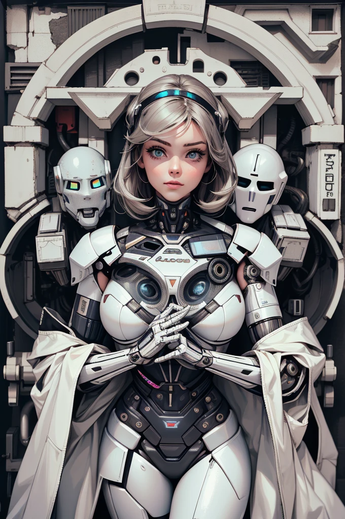 There is a woman in robot suit posing next to ancient building, beautiful white girl half-cyborg, cute cyborg girl, beautiful girl cyborg, perfect robot girl, cyborg girl, young cyborg lady, beautiful female robot, beautiful robot woman, cyborg-girl, perfect cyborg female, porcelain cyborg, female robot, beautiful cyborg image