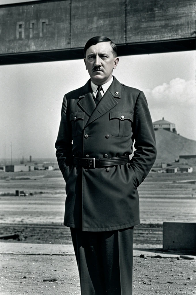 , looking towards the horizon, with an air of triumph and ambition
