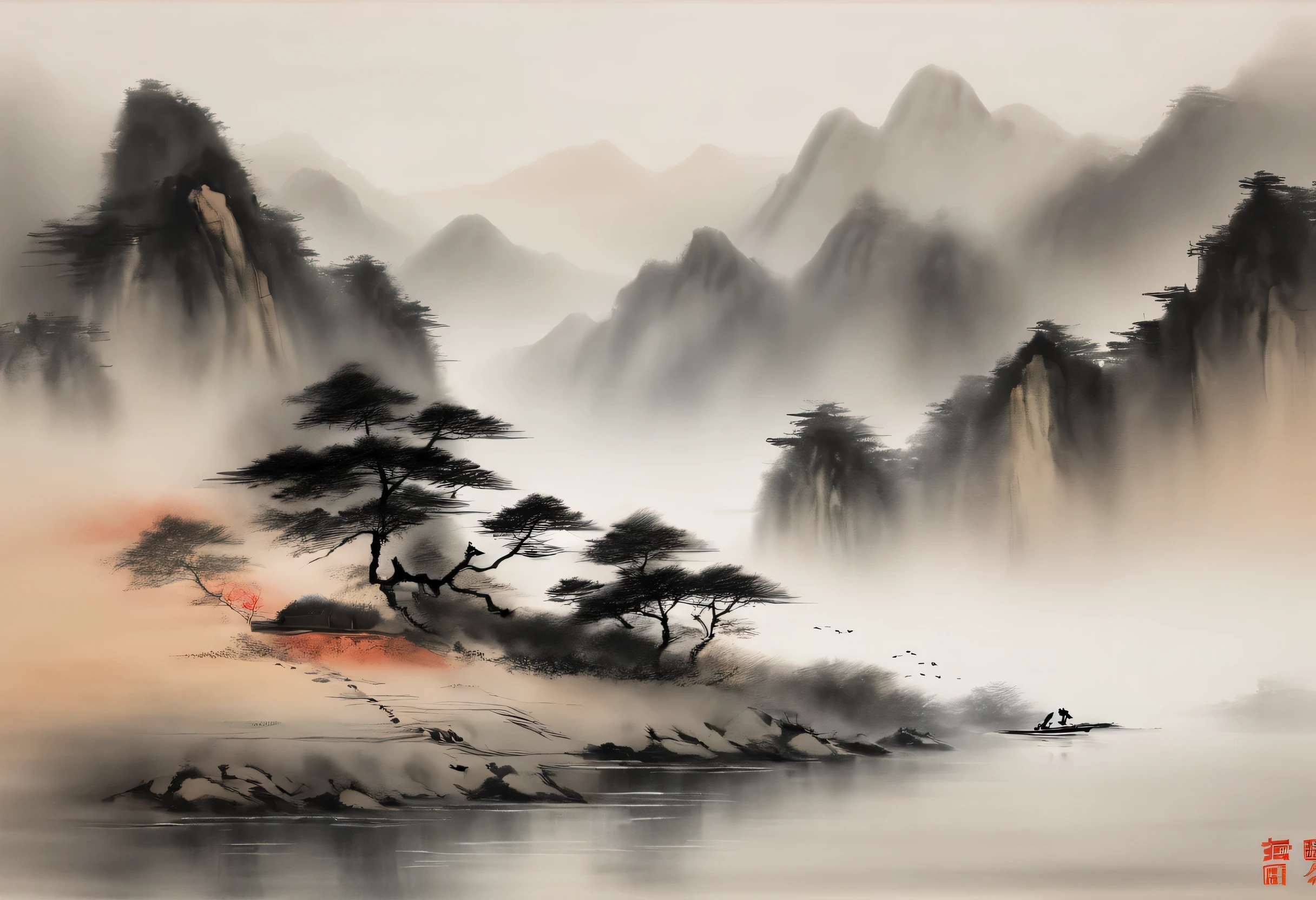 Best quality, Ultra-fine details, high resolution, Masterpiece:1.2, Immerse yourself in the beautiful landscape, Impeccable brushstrokes, Impressive ink, Adopt a wide-angle viewing angle, Breath-taking mountain views, Deep and majestic atmosphere, Beautifully depicted ships sailing through the mountains, Describe the vessel and its surroundings in detail, Traditional Chinese art, Expressing the tranquility and harmony of nature, Subtle tonal changes, Soft color palette, Gentle and warm atmosphere, a red sun，Exhibited in a famous exhibition - Chinese ink landscape painting，The composition is stunning，emotive depth，Capture the tranquility of the mountains. Texture strokes and tonal changes are very detailed, Reveal the complexity of the ship and the beauty of the surrounding landscape. Traditional Chinese art styles create a peaceful and harmonious atmosphere，Immerse viewers in natural wonders. This masterpiece is of the highest quality, Features ultra-fine detail and high-resolution images, Make it an impressive and breathtaking work of art，Perfect to capture the essence of Chinese ink landscape painting.