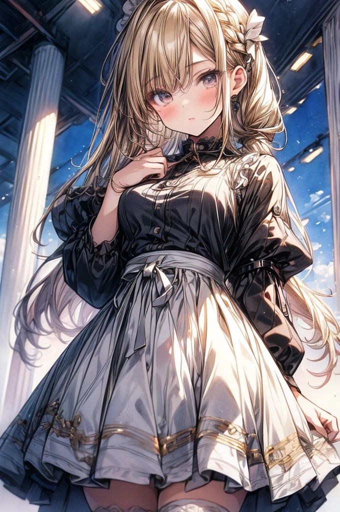 ((Sketch)), ((Watercolor)),((best quality)) ((best quality)), ((masterpiece)), (detailed), HD, Highly Detailed, 4k image, anime style, beautiful young age girl, 13 yarly white skin, Blonde braided ponytail hair, adorable and cute facial features, golden-brown colored eyes, White Japanese Maid Uniform, Black sheer stockings plump thick lips, small minimal A-cup breasts, tall height(180cm), small narrow waist, wide curvy hips, plump large round ass, full body picture