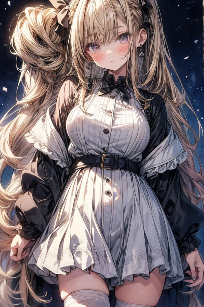 ((Sketch)), ((Watercolor)),((best quality)) ((best quality)), ((masterpiece)), (detailed), HD, Highly Detailed, 4k image, anime style, beautiful young teenage girl, 13 years old, pearly white skin, Blonde braided ponytail hair, adorable and cute  features, golden-brown colored eyes, White Japanese Maid Uniform, Black sheer stockings plump thick lips, small minimal A-cup , tall height(180cm), small narrow waist, wide  , plump large round , full body picture