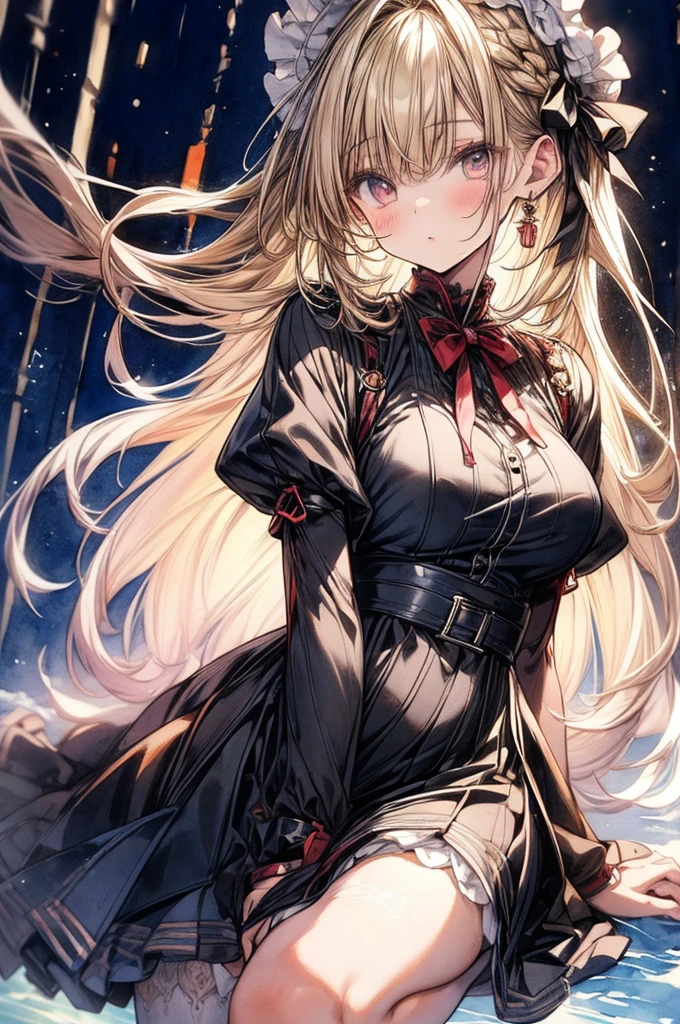 ((Sketch)), ((Watercolor)),((best quality)) ((best quality)), ((masterpiece)), (detailed), HD, Highly Detailed, 4k image, anime style, beautiful young teenage girl, 13 years old, pearly white skin, Blonde braided ponytail hair, adorable and cute  features, golden-brown colored eyes, White Japanese Maid Uniform, Black sheer stockings plump thick lips, small minimal A-cup breasts, tall height(180cm), small narrow waist, wide curvy hips, plump large round ass, full body picture