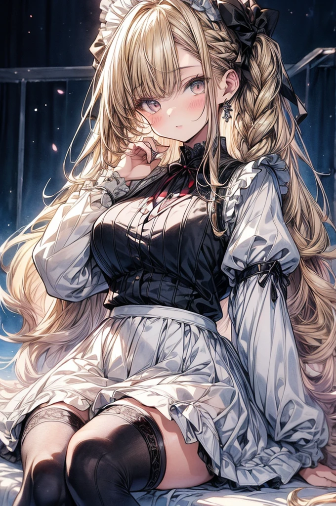 ((Sketch)), ((Watercolor)),((best quality)) ((best quality)), ((masterpiece)), (detailed), HD, Highly Detailed, 4k image, anime style, beautiful young teenage girl, 13 years old, pearly white skin, Blonde braided ponytail hair, adorable and cute facial features, golden-brown colored eyes, White Japanese Maid Uniform, Black sheer stockings plump thick lips, small minimal A-cup breasts, tall height(180cm), small narrow waist, wide curvy hips, plump large round ass, full body picture