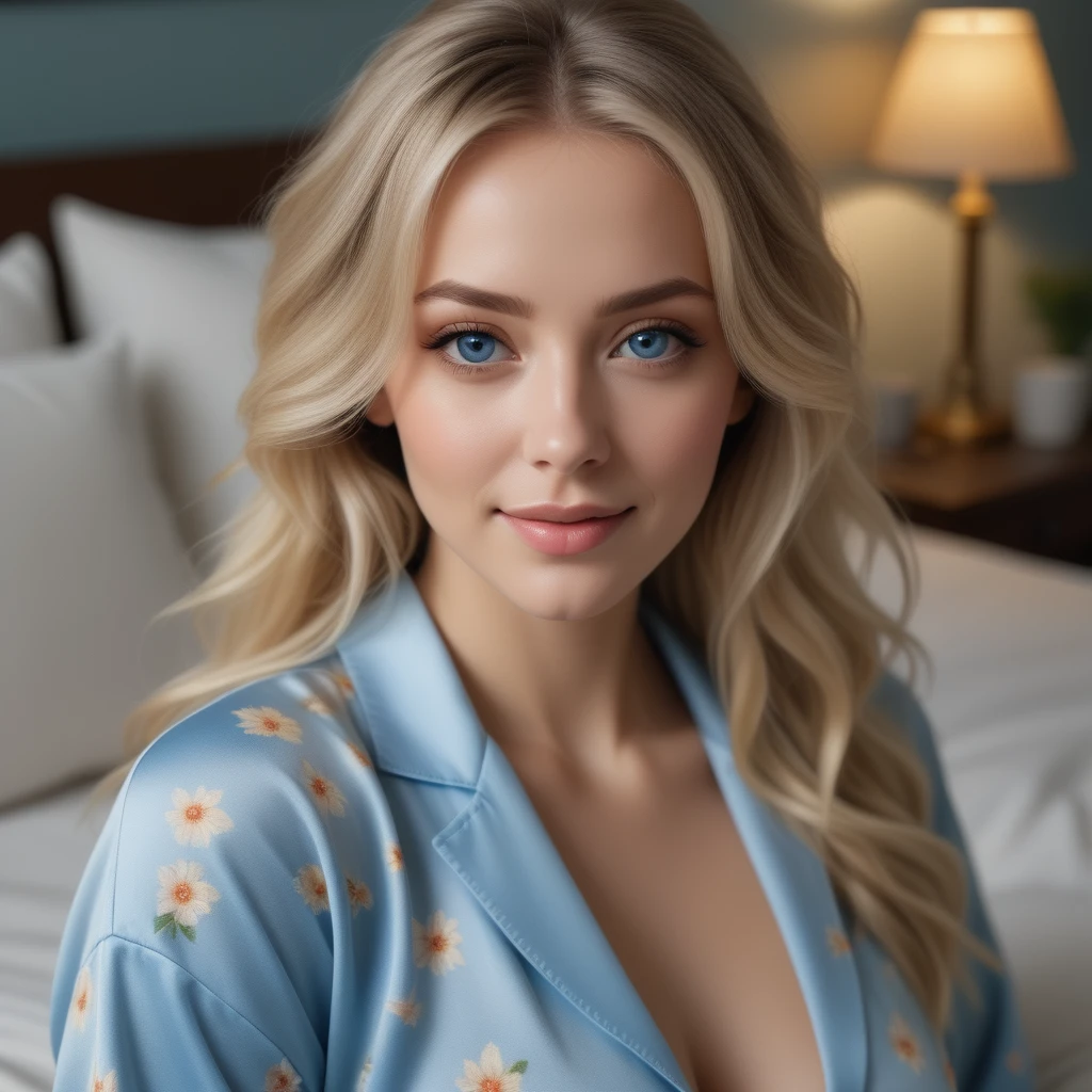Cute Beautiful blonde, wearings an entire pijama, full big body, perfect angle, very detailed, 32 years old, flirty face, messy long hair, blue eyes, high-res, masterpiece, best quality, intricate details, highly detaid, sharp focus, detailed skin, realistic skin texture, texture, detailed eyes, professional, 4k, smile, shot on canon, 85mm, shallow depth of field, kodak vision color, eyeshadow, extremely detailed , photo_\(ultra\), photorealistic, realistic, post-processing, max detail, roughness, real life, ultra realistic, photorealism, photography, 8k uhd, photography, braless, pokies
