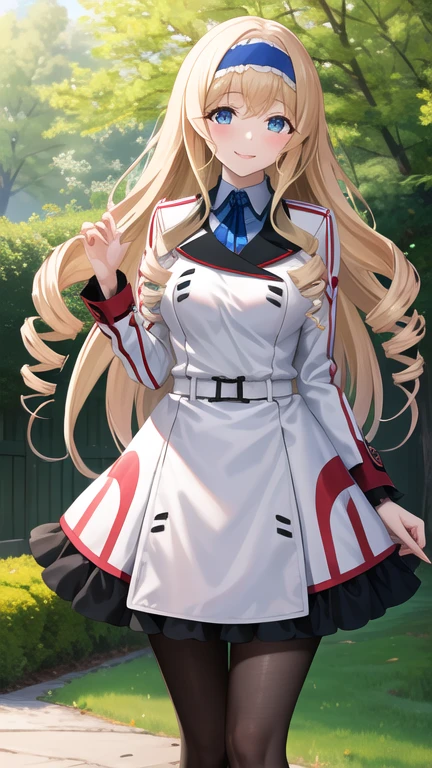 masterpiece, best quality, highres, aacecilia, very long hair, curly hair, drill hair, blue hairband, , white jacket, white dress, long sleeves, belt, black pantyhose, standing, cowboy shot, outdoors, smile