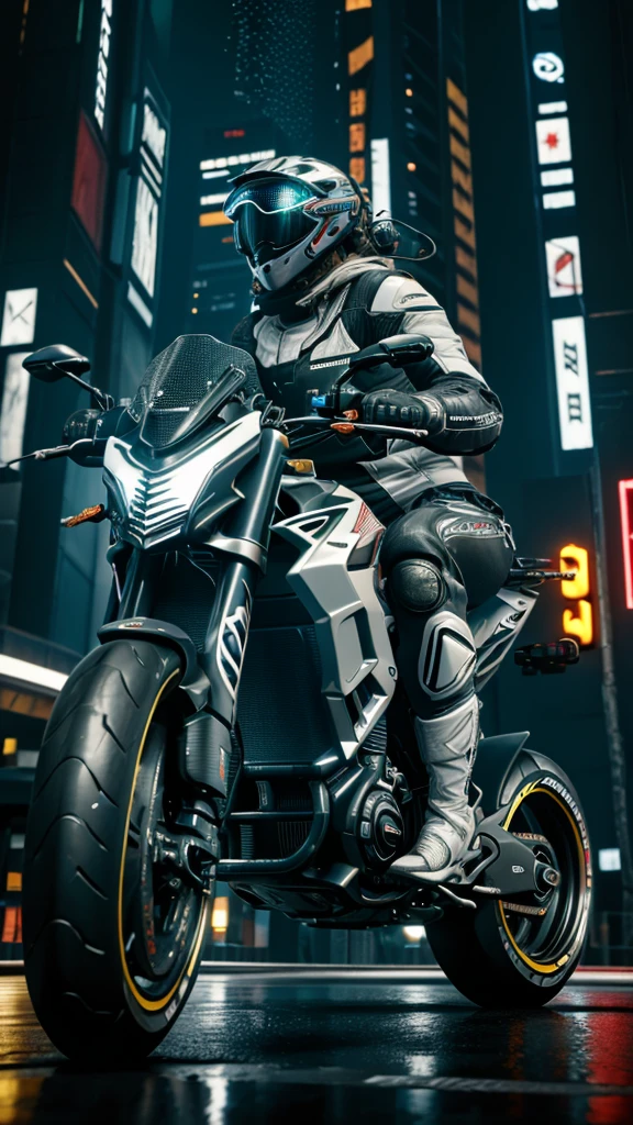 High defintion, 2k, ultra realistic, extreme detail, high quality, HDR, high resolution, (Vento screamer sportiva motorcicle 2.0), black and white paint, futuristic, cyberpunk, night city street background, raining, cyberpunk.