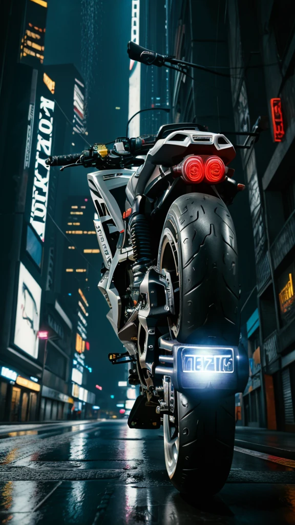 High defintion, 2k, ultra realistic, extreme detail, high quality, HDR, high resolution, (Vento screamer sportiva motorcicle 2.0), black and white paint, futuristic, cyberpunk, night city street background, raining, cyberpunk.