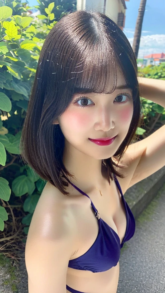 (masterpiece:1.3, Highest quality, Ultra-high resolution, Super detailed), (Realistic, photoRealistic:1.4), Beautiful illustrations, Perfect lighting, Natural light, colorful, Depth of written boundary, NFSW,
View your viewers, (throw, Close-up shot), 1 Girl, Japanese, high school girl, Perfect Face, Cute and symmetrical face, Shiny skin, Sunburned skin,
(short hair:1.2, Bobcut:1.2, Brown Hair), Asymmetrical bangs, Deep purple eyes, (Medium chest, seductive Thighs), Thighs, Nipple hardening, share, Sweaty,
Beautiful Hair, Beautiful Face, Beautiful attention to detail, Beautiful clavicle, Beautiful body, Beautiful breasts, 美しいThighs, Beautiful feet, Beautiful fingers,
((Micro Bikini)), necklace, hair ornaments,
(Beautiful views), evening, (Uninhabited island), (walking, Sexy pose, Dynamic pose, Female masturbation), (Captivating smile, Upward glance, Part your lips),