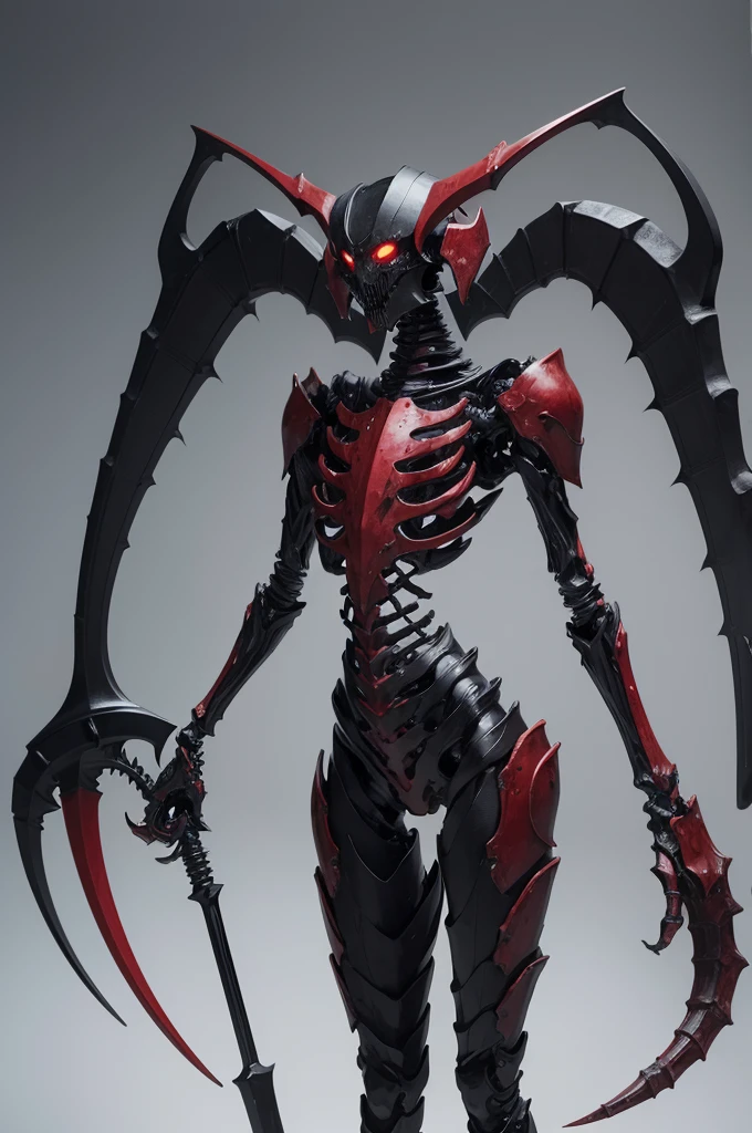 The creature had a black carapace with a menacing crimson pattern., a humanoid torso, eight segmented legs and two arms terminated with formidable bony scythes. However, all these parts seemed out of place and strange, as if they were assembled by some clumsy sculptor.
