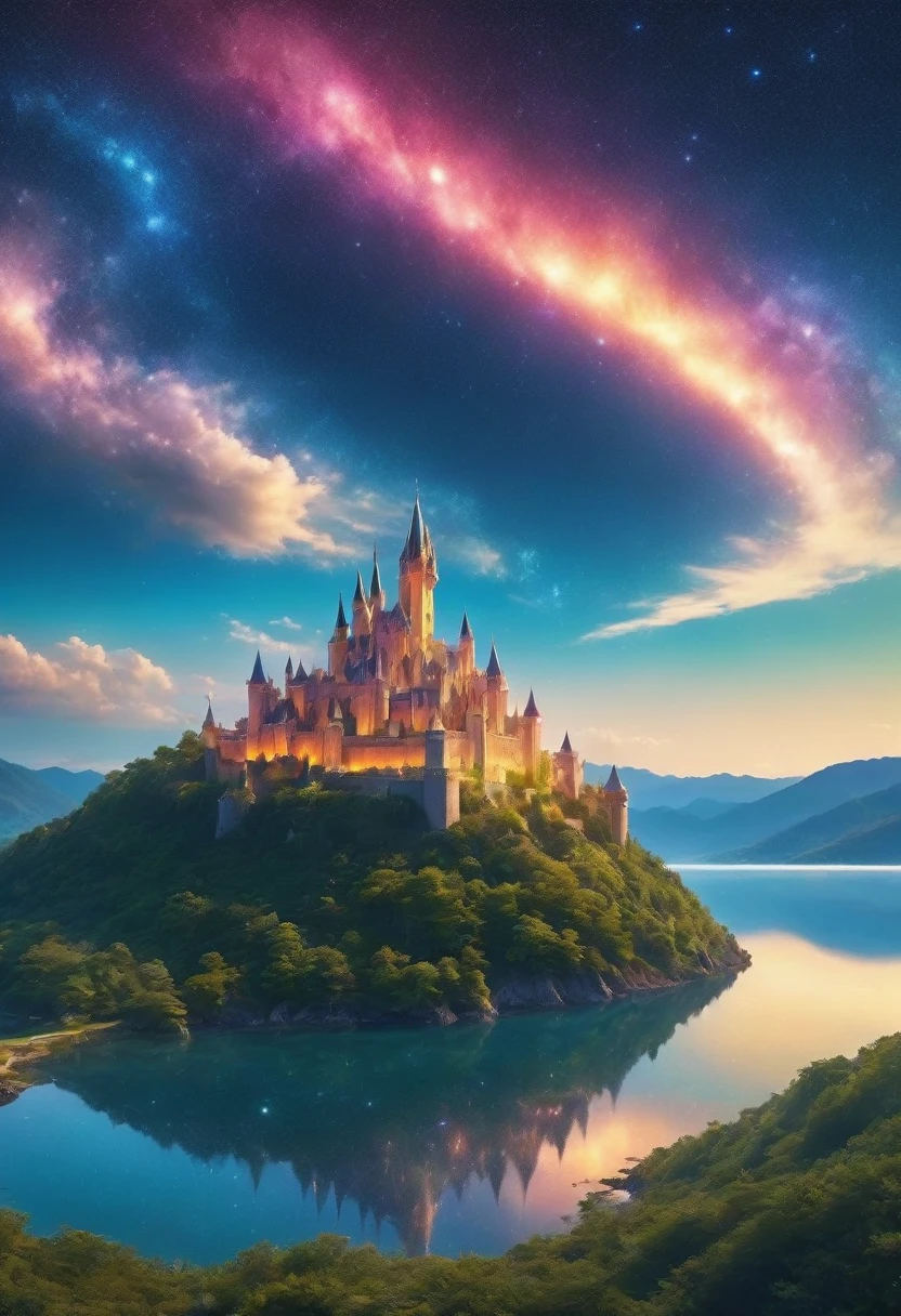 (8K, highest quality, masterpiece, final fantasy style: 1.2), (unRealistic, photoRealistic: 1.37), No human, Dreamy landscape, Fantasy, Unsurreal landscapes, Super detailed, Flying medieval castle, Floating Island in the Sky, Seven-colored swirl of light, (Mr. Shooting Star.A small, shiny, long-tailed bird soaring through the sky:1.3), Aurora, Intense lightning, milky way, Complex Light, Mr.々Colored light, Large Lake, Starry sky reflected on the lake surface, Countless shining stars, Meteors, Many meteors, Aura of, (A pillar of light emanated from the ground:1,2), 