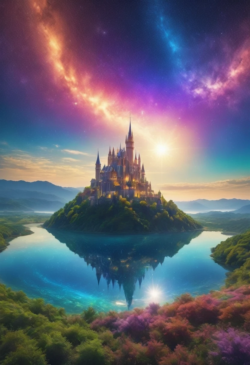 (8K, highest quality, masterpiece, final fantasy style: 1.2), (unRealistic, photoRealistic: 1.37), No human, Dreamy landscape, Fantasy, Unsurreal landscapes, Super detailed, Flying medieval castle, Floating Island in the Sky, Seven-colored swirl of light, (Mr. Shooting Star.A small, shiny, long-tailed bird soaring through the sky:1.3), Aurora, Intense lightning, milky way, Complex Light, Mr.々Colored light, Large Lake, Starry sky reflected on the lake surface, Countless shining stars, Meteors, Many meteors, Aura of, (A pillar of light emanated from the ground:1,2), 