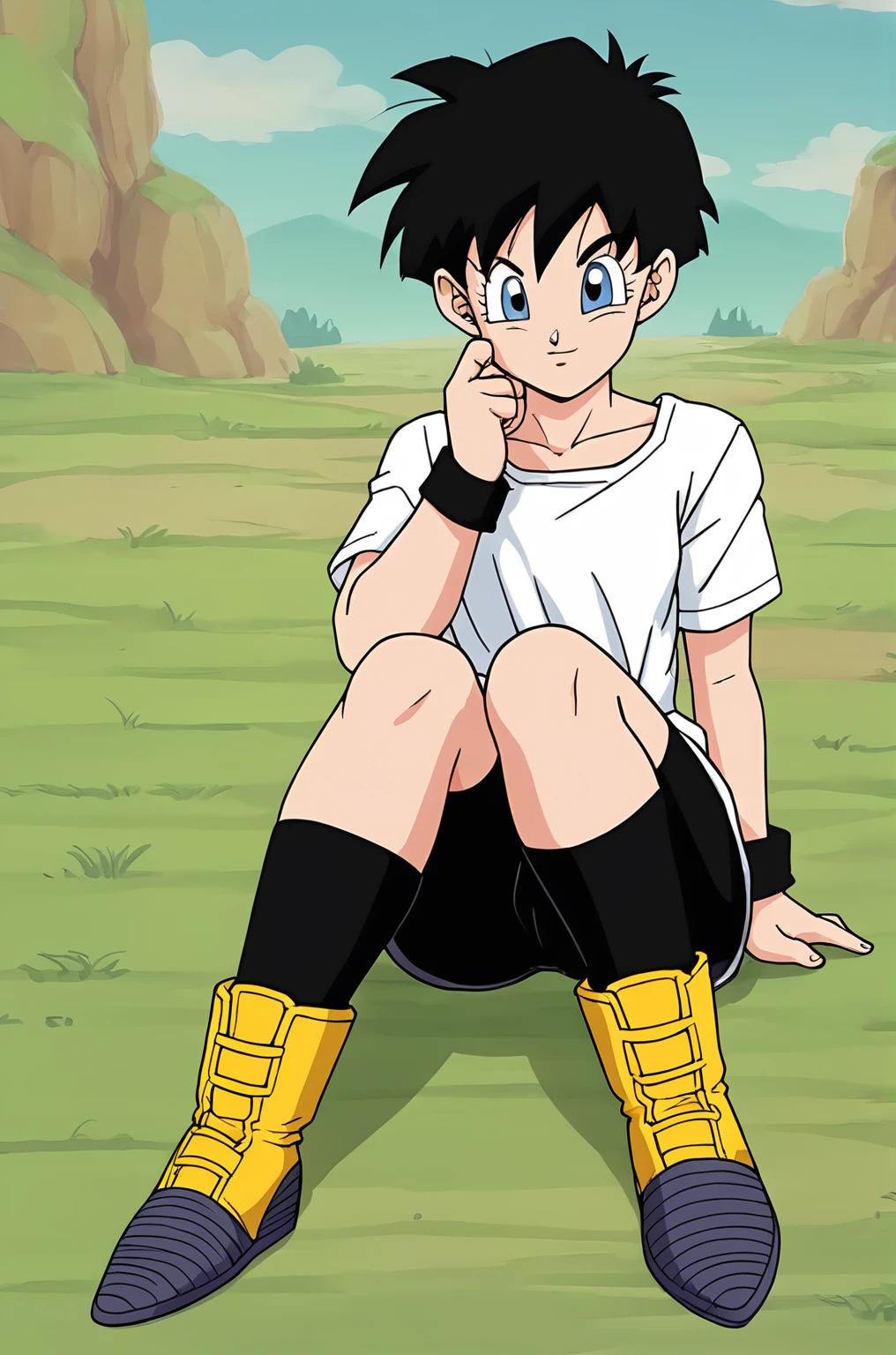 source_anime, score_9, score_8_up, score_7_up, anime screencap,((short hair)),
official style, anime coloring,
videl, black hair, blue eyes,
long white shirt, sitting, two tone footwear, yellow boots, purple loose socks, bike shorts,
outdoors, grass, looking at viewer,