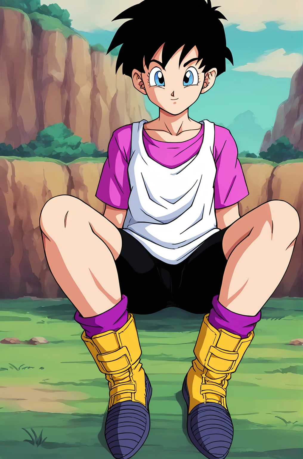 source_anime, score_9, score_8_up, score_7_up, anime screencap,((short hair)),
official style, anime coloring,
videl, black hair, blue eyes,
long white shirt, sitting, two tone footwear, yellow boots, purple loose socks, bike shorts,
outdoors, grass, looking at viewer,