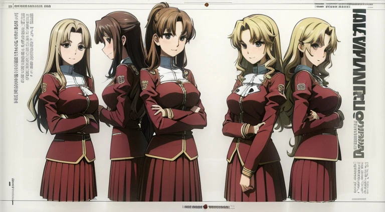 masterpiece, high quality, Multiple girls, organization, Same sisters, Blonde Hair, curls, (brown haired sisters, Blonde sisters, many sisters, Match hairstyle, different hair colors), Hazel eyes, Medium bust, ((Matching Clothing, Uniforms)), Smile, flat_color, Same height, organization pose, Back to back,