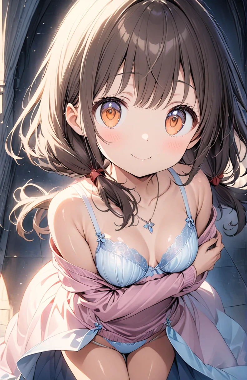 (Pastel color:1.3), (child:1.2), beautiful illustration, (perfect lighting, natural lighting), beautiful detailed hair, beautiful detailed face, beautiful detailed eyes, beautiful clavicle, beautiful body, beautiful chest, beautiful thigh, beautiful legs, beautiful hands, cute and symmetrical face, shiny skin, (detailed cloth texture:1.2), (white satin bra peek:1.0), (white satin pantie peek:1.0), (pink satin pantie:1.0),(beautiful scenery), (lovely smile, upper eyes), (ultra illustrated style:1.3), (ultra detailed pantie:1.5), (beautiful faces detailed, real human skin:1.2),
model pose, (pink knit dress:1.6), Shy laugh, Leaning forward, Looking up, ((turn your body forward)), Stick out your crotch, (Detailed depiction of the crotch), (Satin Bra), (satin panties), (shiny bra:1.2), ((Shiny panties:1.2)), (Award-winning design underwear), (Bra and panties are painted in the same color),
(1 girl:1.4), (, height 1.2meters, chubby 28kg, tareme:1.3), (orange eyes with a hint of pink:1.3), (dark brown hair:1.7), (straight hair:1.7), (low twintails:1.7), (red hair tie:1.7), (medium and soft breasts, Slender body, Small Ass:1.7), small nipples, fair skin, (necklace), (Droopy eyes:1.2),
((attractive way to sit)), ((Japanese-style room)), indoor,
(dynamic angle, sexypose:1.4), side view, (from bellow:1.8), from above,
elicate details, depth of field, best quality, anatomically correct, high details, HD, 8k,