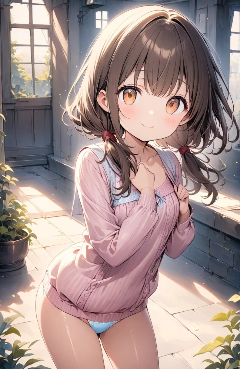 (Pastel color:1.3), (child:1.2), beautiful illustration, (perfect lighting, natural lighting), beautiful detailed hair, beautiful detailed face, beautiful detailed eyes, beautiful clavicle, beautiful body, beautiful chest, beautiful thigh, beautiful legs, beautiful hands, cute and symmetrical face, shiny skin, (detailed cloth texture:1.2), (white satin bra peek:1.0), (white satin pantie peek:1.0), (pink satin pantie:1.0),(beautiful scenery), (lovely smile, upper eyes), (ultra illustrated style:1.3), (ultra detailed pantie:1.5), (beautiful faces detailed, real human skin:1.2),
model pose, (pink knit dress:1.6), Shy laugh, Leaning forward, Looking up, ((turn your body forward)), Stick out your crotch, (Detailed depiction of the crotch), (Satin Bra), (satin panties), (shiny bra:1.2), ((Shiny panties:1.2)), (Award-winning design underwear), (Bra and panties are painted in the same color),
(1 girl:1.4), (9 , height 1.2meters, chubby 28kg, tareme:1.3), (orange eyes with a hint of pink:1.3), (dark brown hair:1.7), (straight hair:1.7), (low twintails:1.7), (red hair tie:1.7), (medium and soft breasts, Slender body, Small Ass:1.7), small nipples, fair skin, (necklace), (Droopy eyes:1.2), 
((attractive way to sit)), ((Japanese-style room)), indoor, 
(dynamic angle, sexypose:1.4), side view, (from bellow:1.8), from above, 
elicate details, depth of field, best quality, anatomically correct, high details, HD, 8k,
