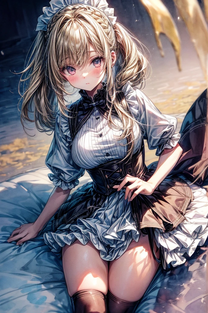((Sketch)), ((Watercolor)),((best quality)) ((best quality)), ((masterpiece)), (detailed), HD, Highly Detailed, 4k image, anime style, beautiful young teenage girl, 13 years old, pearly white skin, Blonde braided ponytail hair, adorable and cute facial features, golden-brown colored eyes, White Japanese Maid Uniform, Black sheer stockings plump thick lips, small minimal A-cup breasts, tall height(180cm), small narrow waist, wide curvy hips, plump large round ass, full body picture