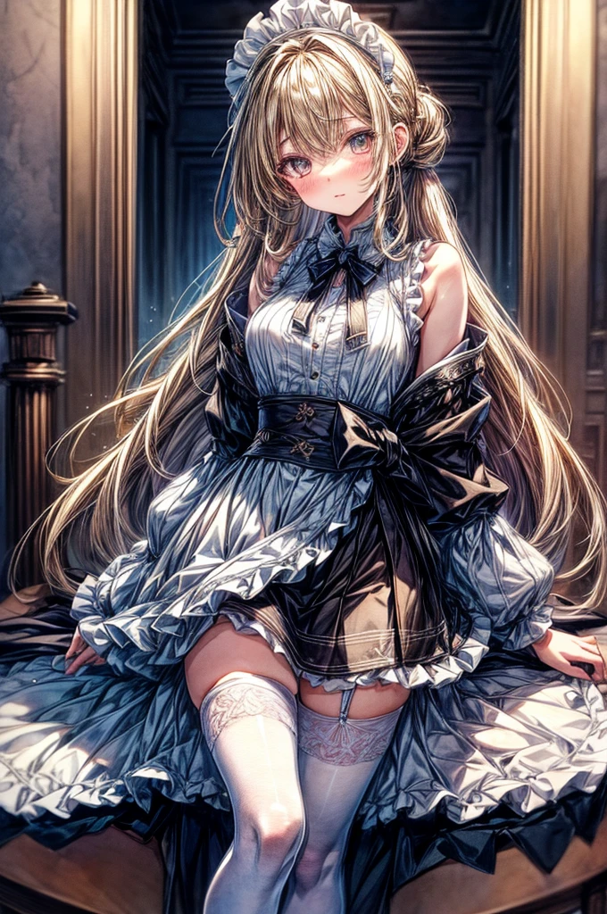 ((Sketch)), ((Watercolor)),((best quality)) ((best quality)), ((masterpiece)), (detailed), HD, Highly Detailed, 4k image, anime style, beautiful young teenage girl, 13 years old, pearly white skin, Blonde braided ponytail hair, adorable and cute  features, golden-brown colored eyes, White Japanese Maid Uniform, Black sheer stockings plump thick lips, small minimal A-cup breasts, tall height(180cm), small narrow waist, wide curvy hips, plump large round ass, full body picture