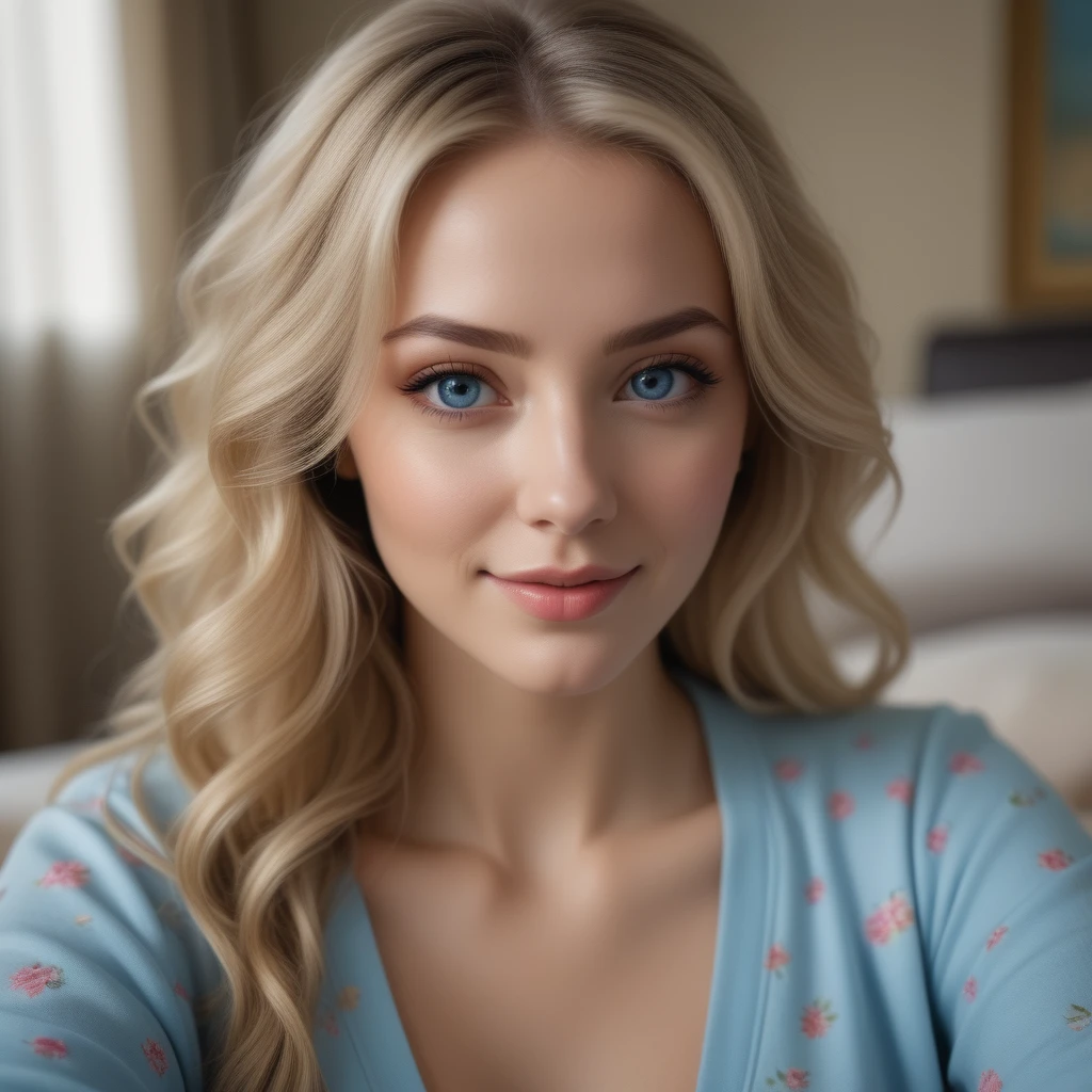 Cute Beautiful blonde, wearings an entire pijama, full big body, perfect angle, very detailed, 32 years old, flirty face, messy long hair, blue eyes, high-res, masterpiece, best quality, intricate details, highly detaid, sharp focus, detailed skin, realistic skin texture, texture, detailed eyes, professional, 4k, smile, shot on canon, 85mm, shallow depth of field, kodak vision color, eyeshadow, extremely detailed , photo_\(ultra\), photorealistic, realistic, post-processing, max detail, roughness, real life, ultra realistic, photorealism, photography, 8k uhd, photography, ,  