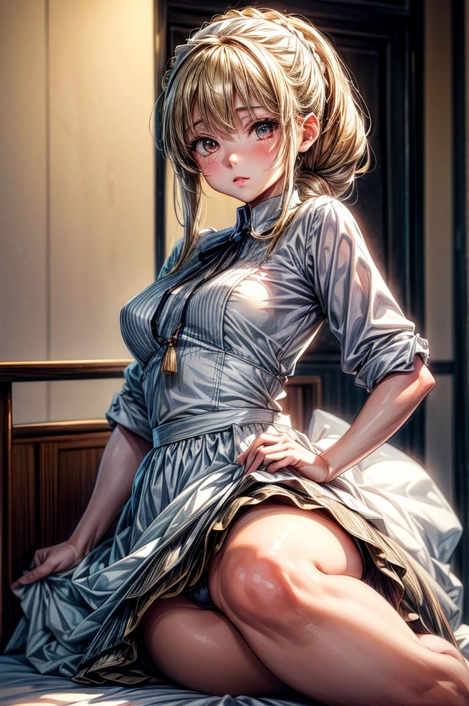 ((Sketch)), ((Watercolor)),((best quality)) ((best quality)), ((masterpiece)), (detailed), HD, Highly Detailed, 4k image, anime style, beautiful young age girl, 13 yarly white skin, Blonde braided ponytail hair, adorable and cute facial features, golden-brown colored eyes, White Japanese Maid Uniform, Black sheer stockings plump thick lips, small minimal A-cup breasts, tall height(180cm), small narrow waist, wide curvy hips, plump large round ass, full body picture