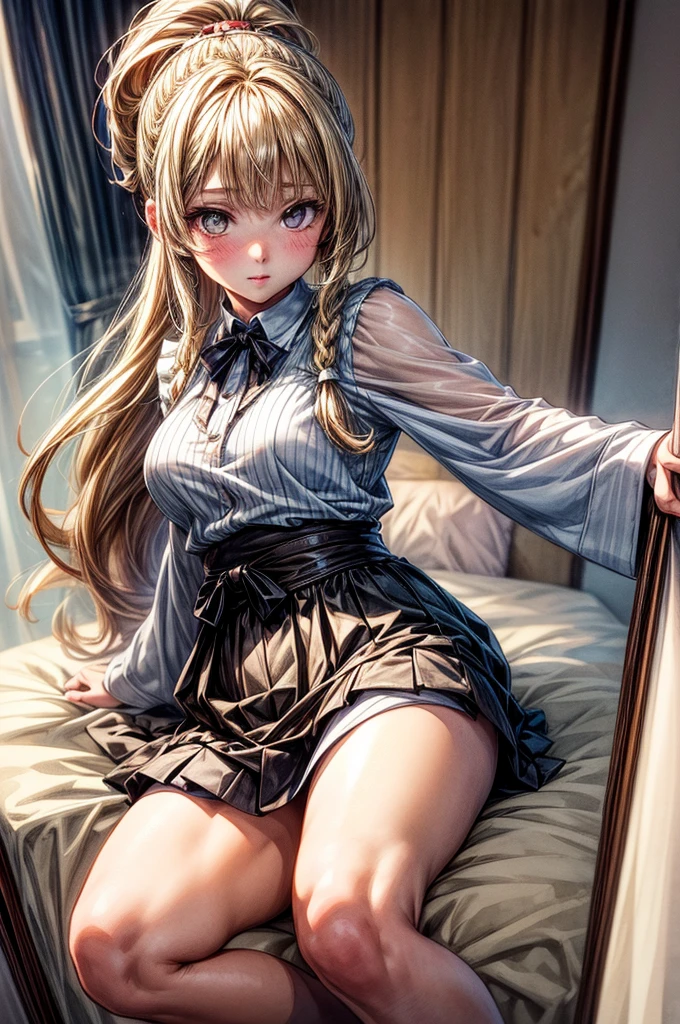 ((Sketch)), ((Watercolor)),((best quality)) ((best quality)), ((masterpiece)), (detailed), HD, Highly Detailed, 4k image, anime style, beautiful young age girl, 13 yarly white skin, Blonde braided ponytail hair, adorable and cute facial features, golden-brown colored eyes, White Japanese Maid Uniform, Black sheer stockings plump thick lips, small minimal A-cup breasts, tall height(180cm), small narrow waist, wide curvy hips, plump large round ass, full body picture