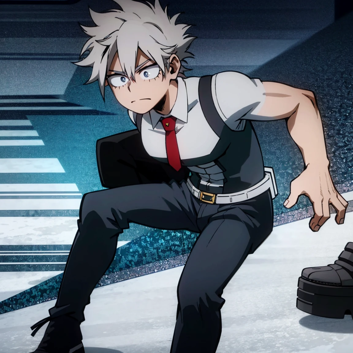 1boy, male focus, boku no hero academia, masterpiece, best quality, very aesthetic, muscular body, gray jacket, red tie, white shirt, teal pants, boots, short spiky hair, grayish violet hair, cyan eyes, night