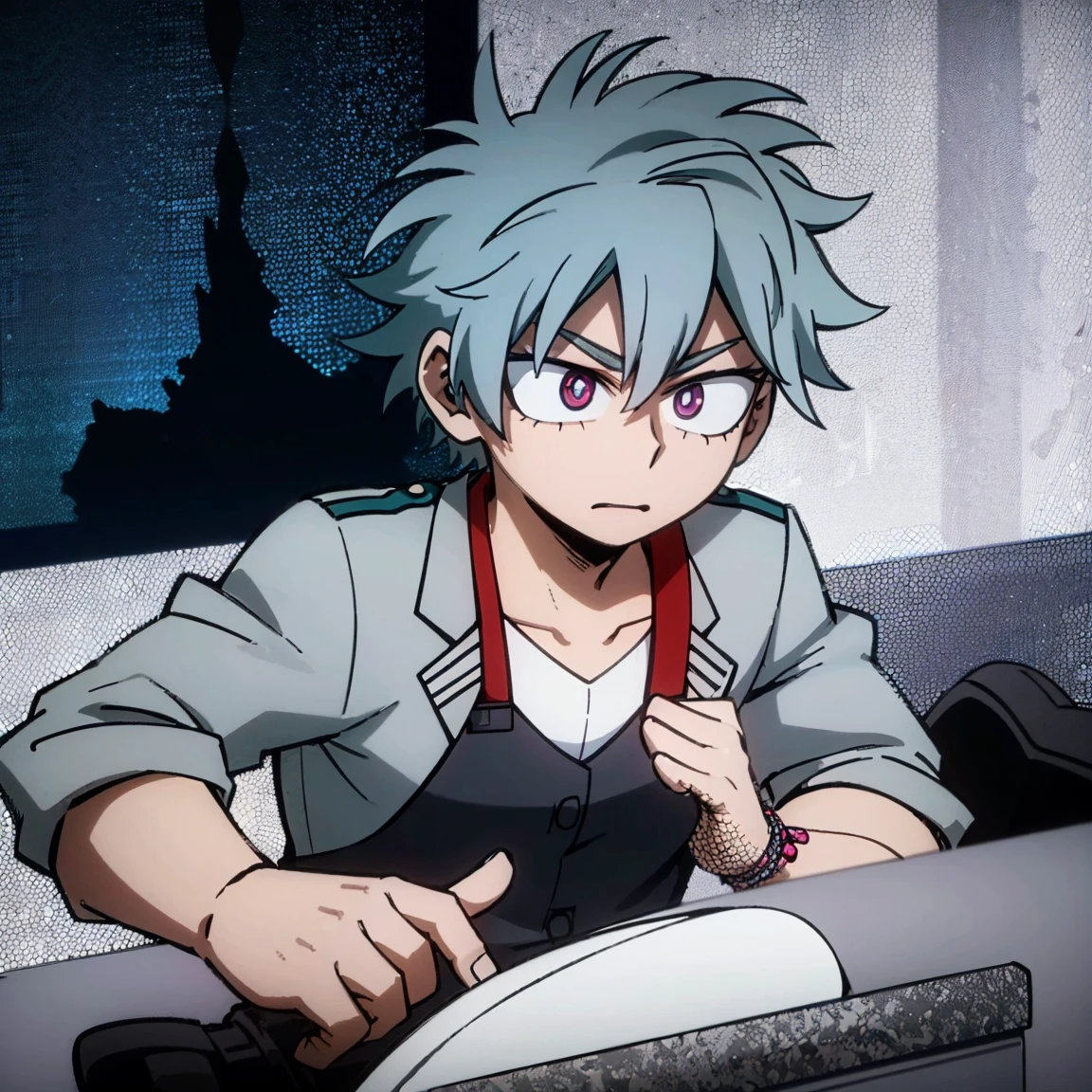 1boy, male focus, boku no hero academia, masterpiece, best quality, very aesthetic, muscular body, gray jacket, red tie, white shirt, teal pants, boots, short spiky hair, grayish violet hair, cyan eyes, night