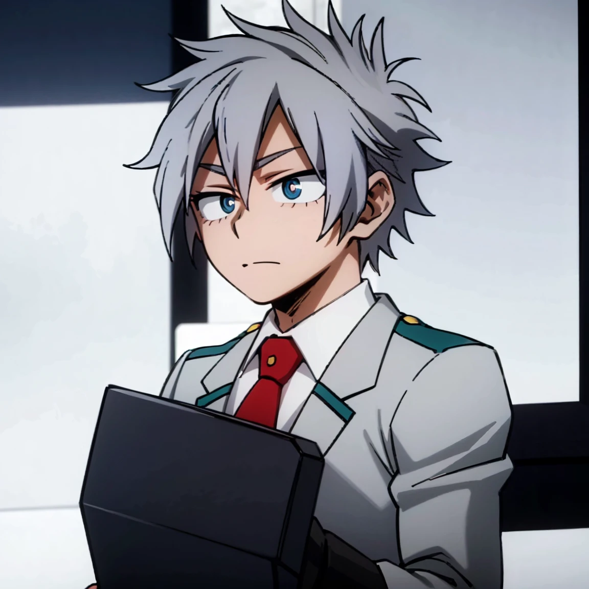 1boy, male focus, boku no hero academia, masterpiece, best quality, very aesthetic, muscular body, gray jacket, red tie, white shirt, teal pants, boots, short spiky hair, grayish violet hair, cyan eyes, night