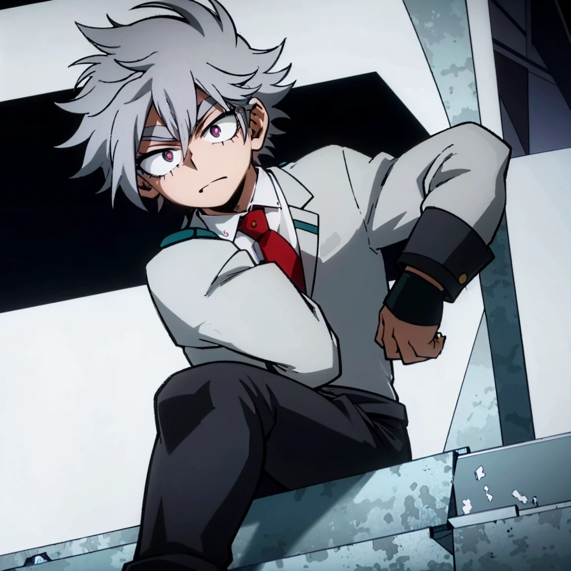 1boy, male focus, boku no hero academia, masterpiece, best quality, very aesthetic, muscular body, gray jacket, red tie, white shirt, teal pants, boots, short spiky hair, grayish violet hair, cyan eyes, night