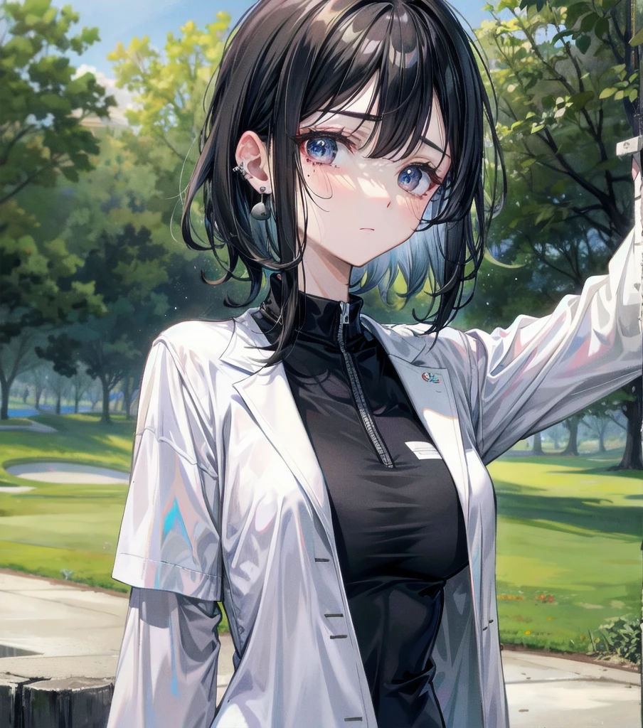 whole body, delicate  features, medium tits, medium hair, black hair, tearful mole, earring, golf uniform, outdoor,