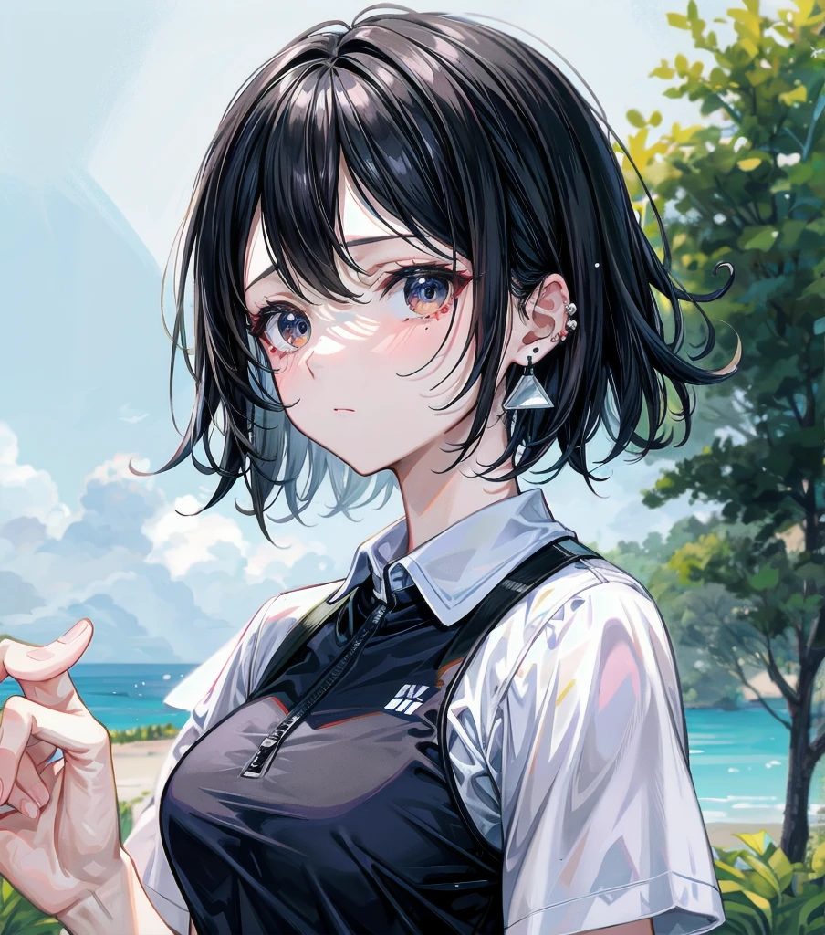 whole body, delicate  features, medium tits, medium hair, black hair, tearful mole, earring, golf uniform, outdoor,