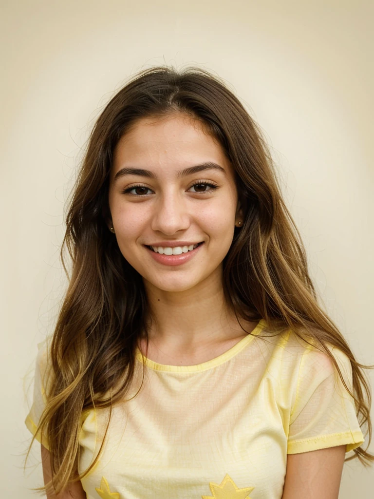 20YO, small nose, one women,attractive, Jordanian, Arab, Bright Yellow shirt, cute smile, cute face, white teethes, skinny face, light brown eyes, black/blonde long hair, modest