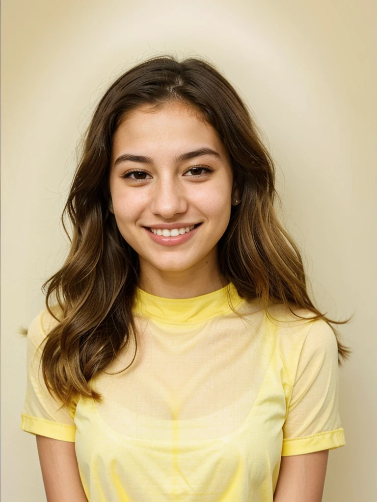 20YO, small nose, one women,attractive, Jordanian, Arab, Bright Yellow shirt, cute smile, cute face, white teethes, skinny face, light brown eyes, black/blonde long hair, modest