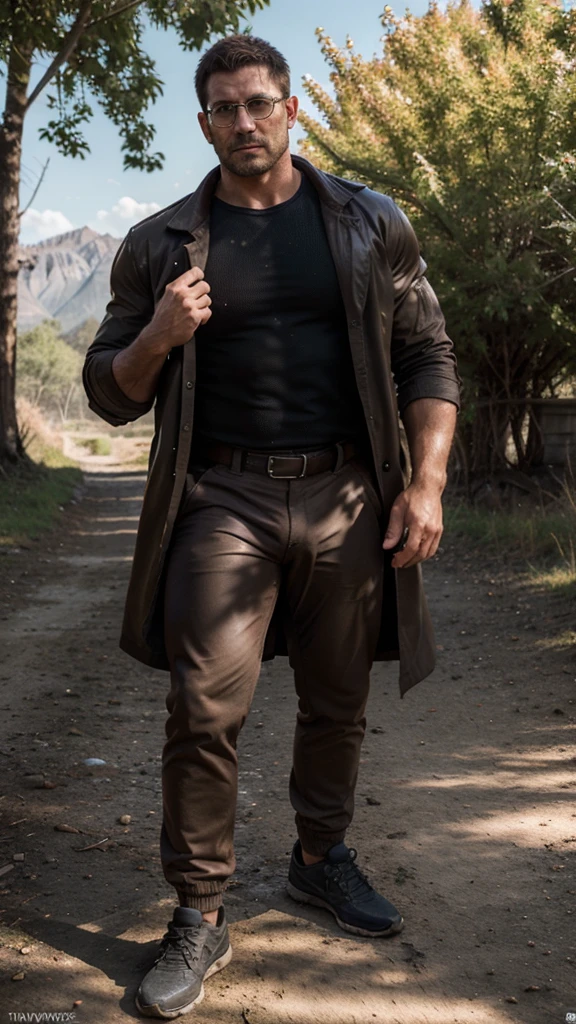 Professional photography, Chris Redfield from Resident Evil 8 stands on the dirt road，Put your hands in your pockets, large bulge，watching，wearing black masculin trench coat，belt，There are willow trees next to it，wearing black suit socks, No shoes allowed, socks and feet only Visible , Tsuchiya，ruins，（（Glasseale focus，dark brown clothes，dark brown backpack，high detail, Full body photo, panoramic，body positive, 48 years old, hairy chest，focus on socks and feet, Nasal pattern，rough face，worried expression，oily skin reaction，Strong hands，Covered in sweat，chest muscles，Very large nipples，Raised nipples，strong muscle，Thick waist，wide waist，brown skin，thick thighs，Brown tong，((crotch bulging))，（crotch bulging），Detailed hair details，gaston boucier style，sunny，blue sky，Sunlight，blue sky，There are mountain peaks in the distance，global illumination， CG-level lighting rendering，low contrast， (best quality)，masterpiece，8K wallpaper quality，List of Utria , Normal
