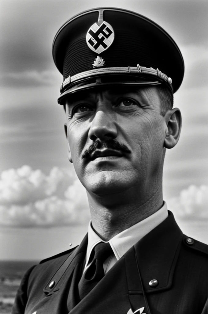 Hitler, looking towards the horizon, with an air of triumph and ambition and happiness