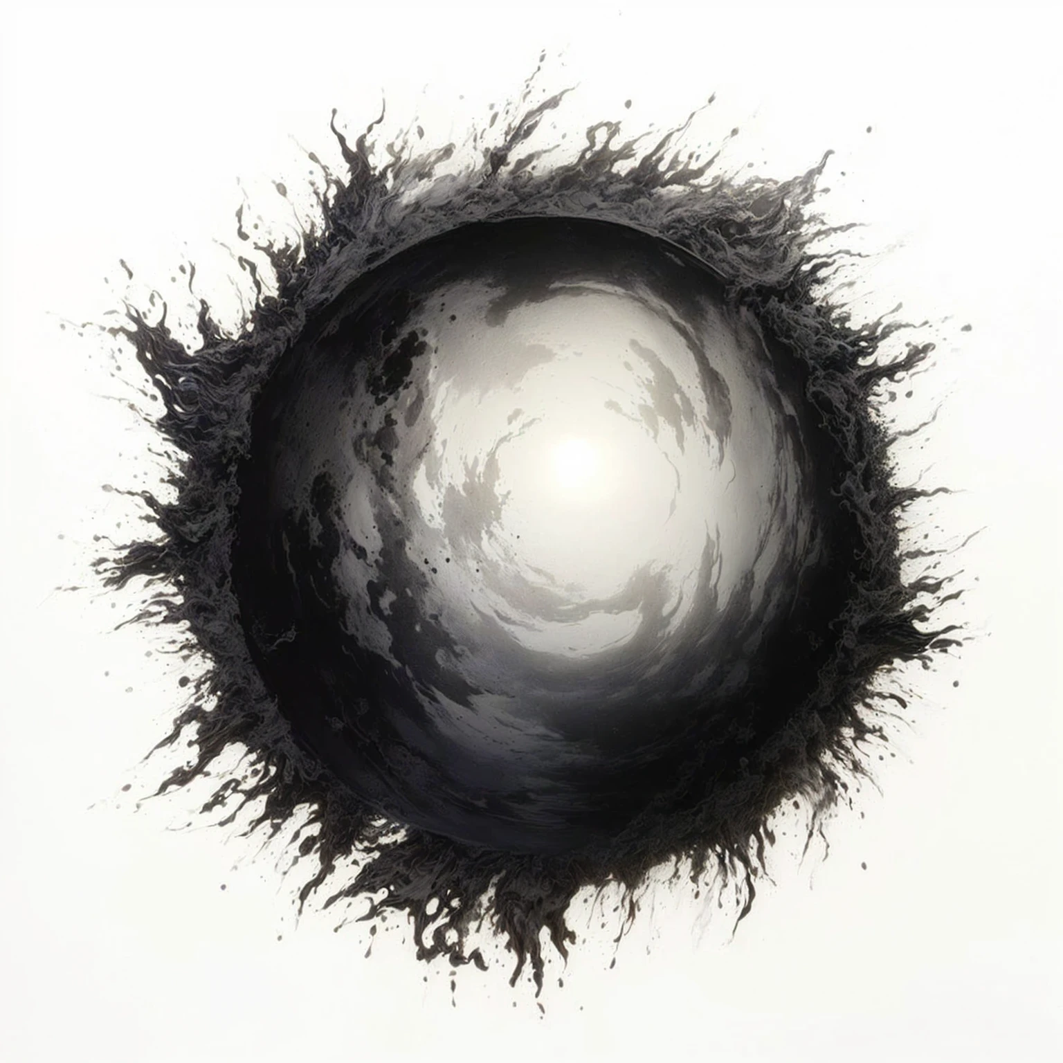 black and white painting of a circle with a white background, ghost sphere, inspirado em Anish Kapoor, black ink painting, black hole sun, inspired by Otto Piene, Anish Kapoor Preto, sphere, black hole sun, luminous black hole portal, nicolas delort, black orb of fire, black circle, 'untitled 9'