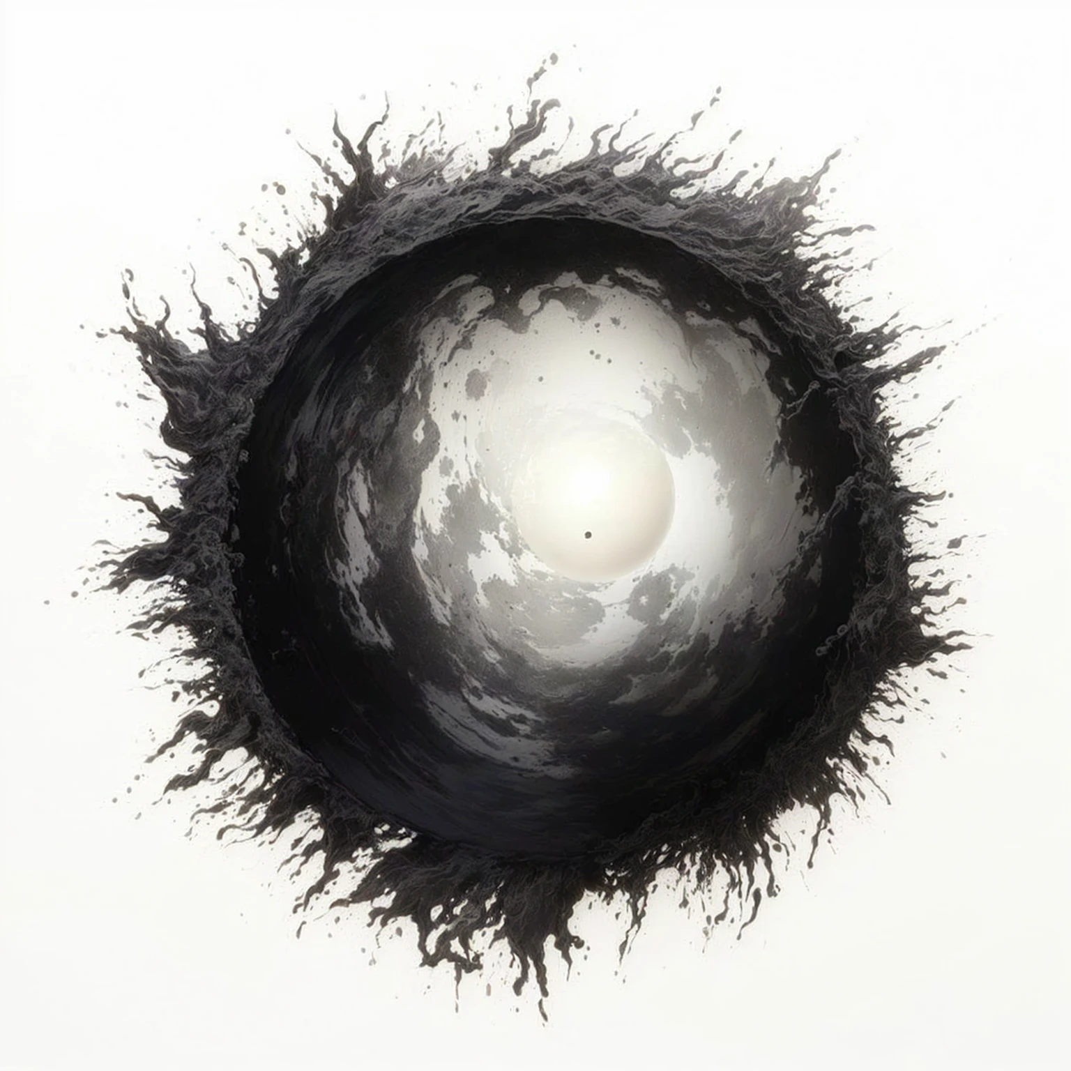 black and white painting of a circle with a white background, ghost sphere, inspirado em Anish Kapoor, black ink painting, black hole sun, inspired by Otto Piene, Anish Kapoor Preto, sphere, black hole sun, luminous black hole portal, nicolas delort, black orb of fire, black circle, &#39;untitled 9&#39;