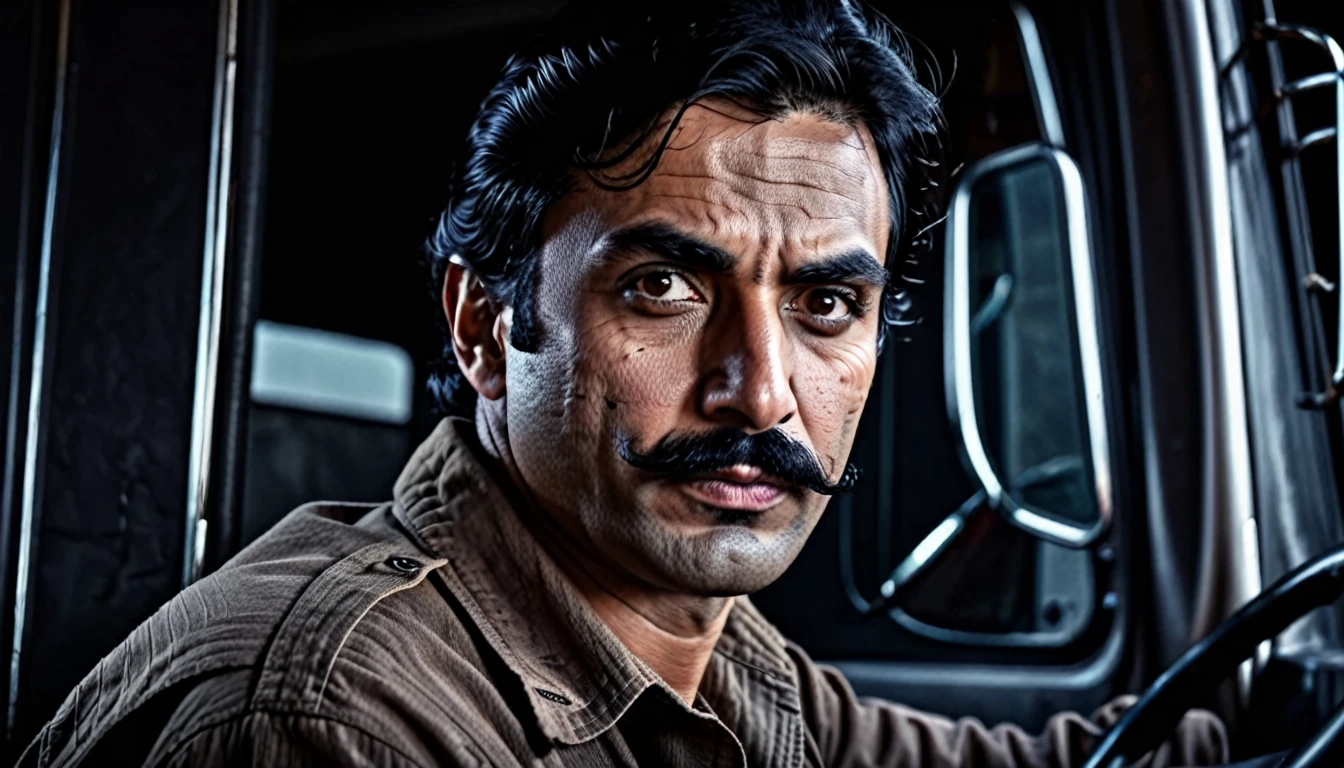 A realistic portrait of a truck driver with a thin, angular face, a thin moustache and dark eyes. Long, wavy, black hair. Dark background, cinematic color tones, detailed scene, real image