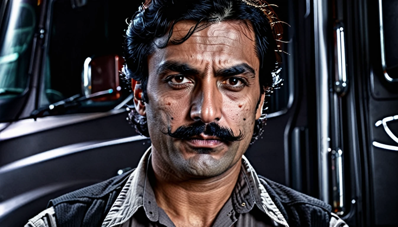A realistic portrait of a truck driver with a thin, angular face, a thin moustache and dark eyes. Long, wavy, black hair. Dark background, cinematic color tones, detailed scene, real image