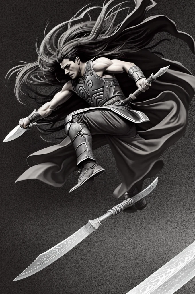 Vector de indio lanzando una lanza y JUMPING, gray scale, drawing,jaguar costume, long hair,JUMPING,attacking, with ax in the other hand,