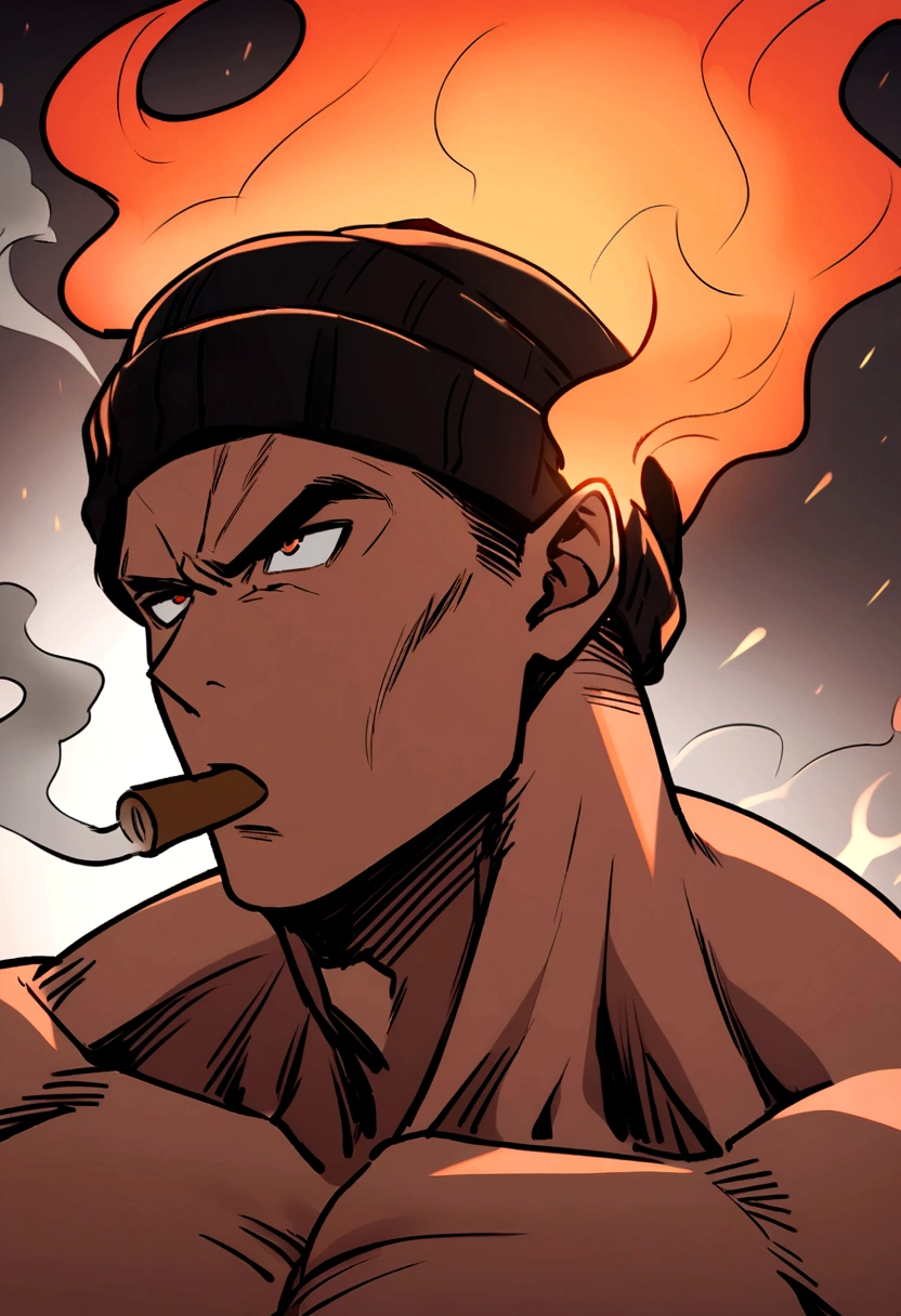 Medium muscular boy with medium long brown hair and black beanie hat very angry blowing smoke from his ears and very red