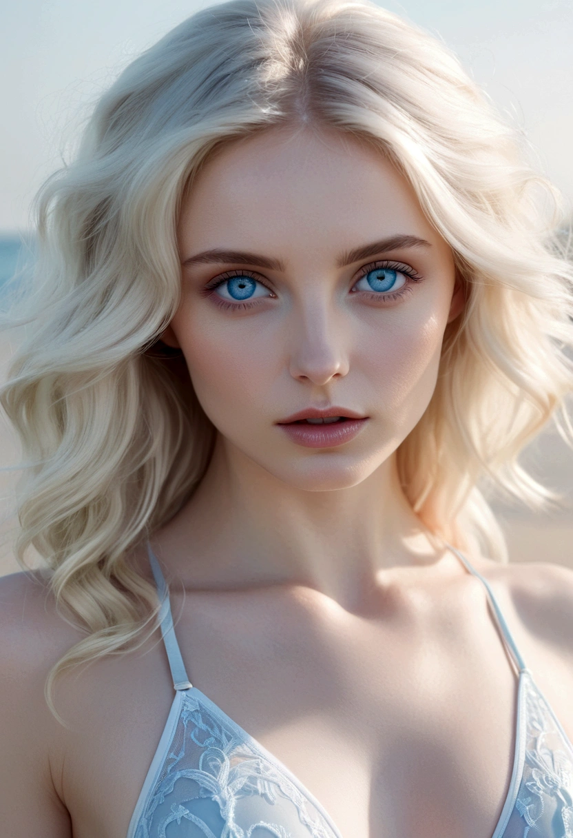 Blonde woman posing with blue eyes and white bra top in photo, wear bikini, pale bluish skin, Inspired by Ana de Armas, ethereal beauty, color portrait, beautiful pale makeup, pale blue eyes, pastel blue eyes, pale blue skin, incredibly ethereal, a stunning young ethereal figure, bright pale blue eyes, Stunning portrait, Ethereal hair, editorial portrait, blue tone、Russian woman、Russian view. platinum blonde hair