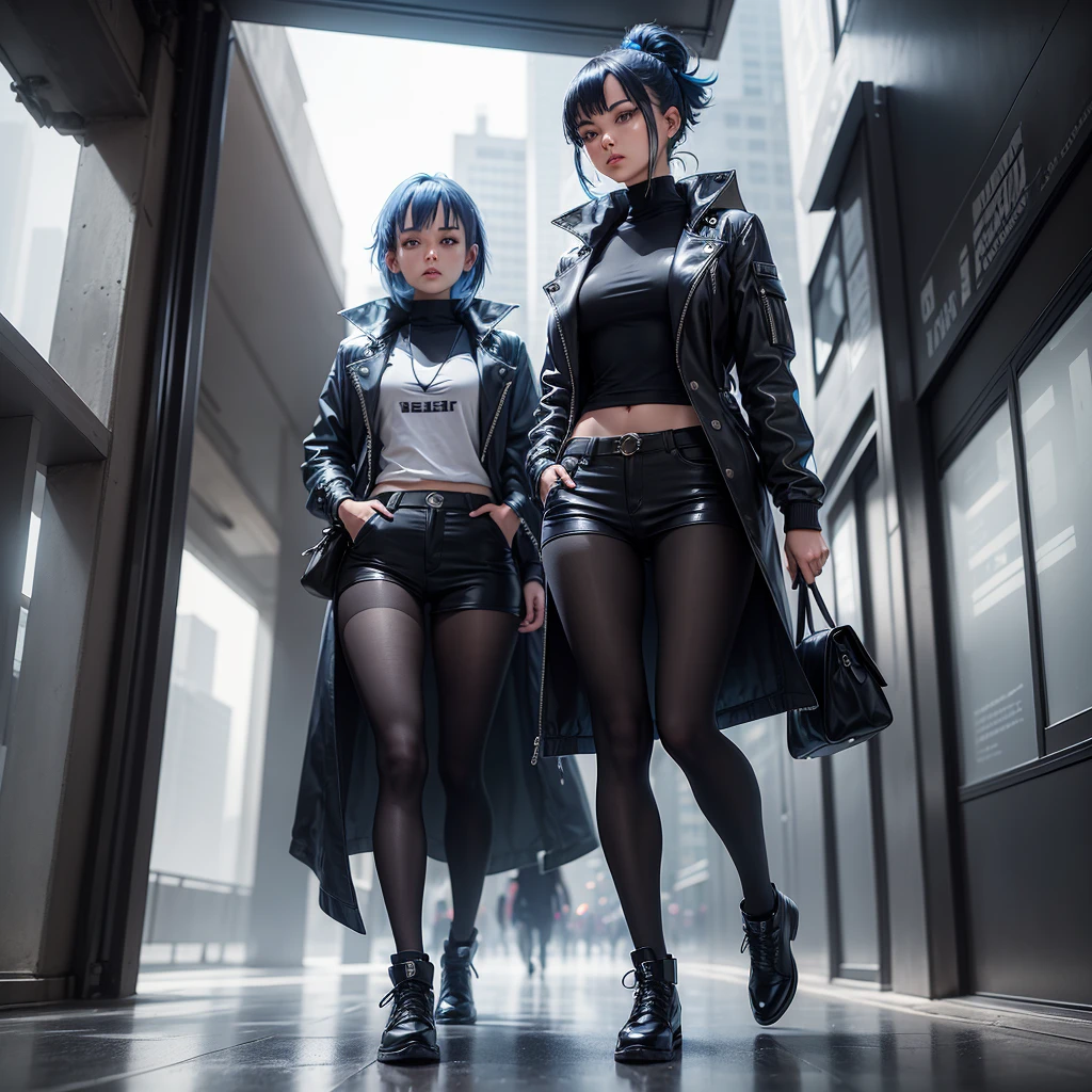 MYSTERY, intrigue, girl Regarding her clothing, usually opts for comfortable but stylish clothes, that allow you to move freely in your urban environment. Prefers dark tones like black, navy blue or gray, that contrast strikingly with her blue hair. futuristic city 