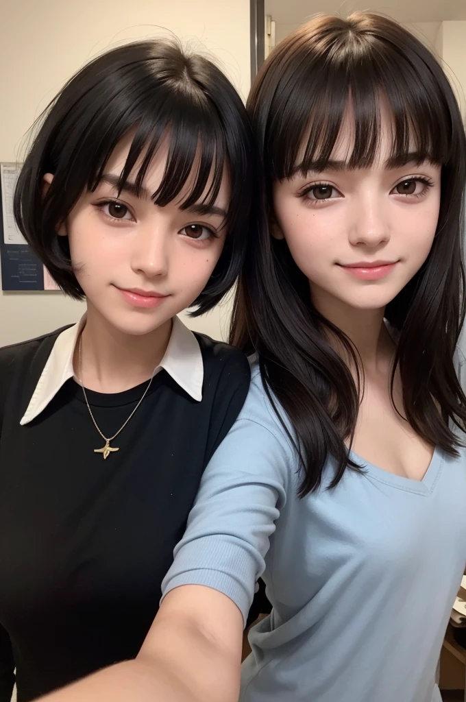 Create an English teacher and film student, aged 20, with short dark hair with bangs on the forehead, with Brazilian physiognomy, dark rounded eyes, rounded but angelic face, smile with braces marks, mysterious and at the same time extroverted