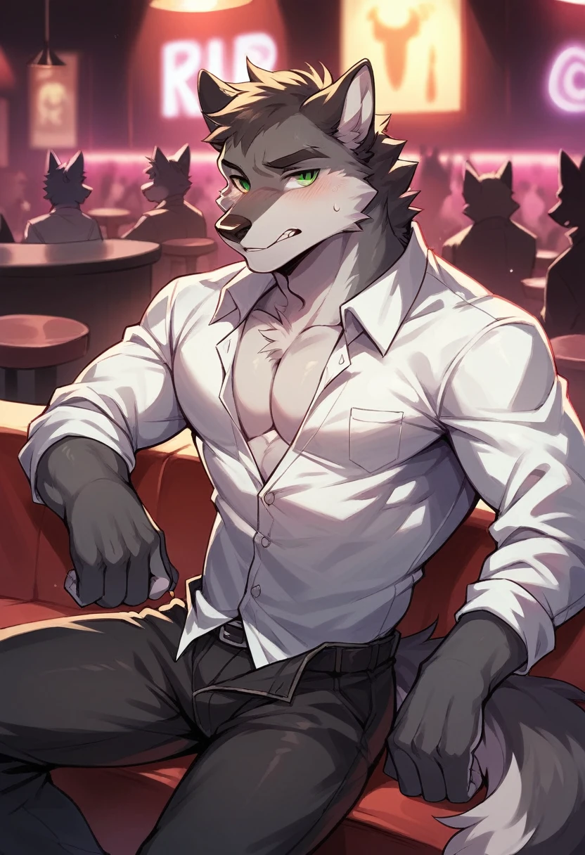 A drawing of a short and shy male anthro wolf with VERY dark black and grey fur and green eyes sitting in the back of a nightclub
