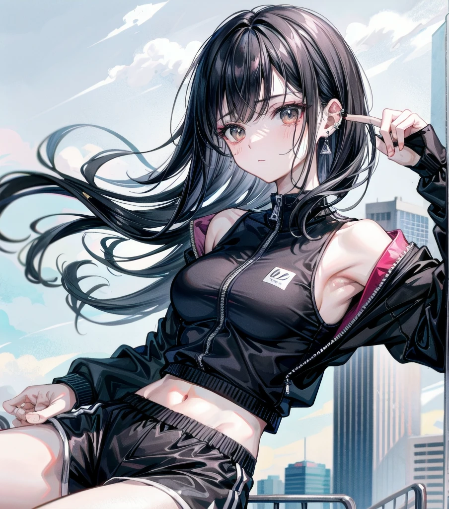 whole body, delicate facial features, medium tits, medium hair, black hair, tearful mole, earring, track suit, sleeveless, midriff, shorts, outdoor,