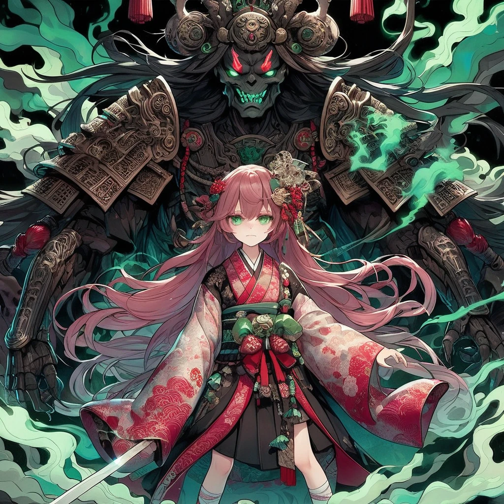 masterpiece, highest quality, A full-body illustration from the front. The main character is a girl in traditional Japanese clothing, with long pink hair and a hair ornament. She holds a sword and has a huge, menacing spirit behind her, wearing elaborate armor with a terrifying expression. Green smoke swirls around them. The girl's kimono has a delicate red pattern on a black background, and her eyes are a vibrant green, matching the aura of the spirit. The overall scene is dynamic and vivid, with a mysterious and otherworldly atmosphere.