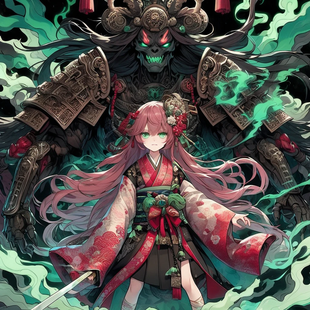 masterpiece, highest quality, A full-body illustration from the front. The main character is a girl in traditional Japanese clothing, with long pink hair and a hair ornament. She holds a sword and has a huge, menacing spirit behind her, wearing elaborate armor with a terrifying expression. Green smoke swirls around them. The girl's kimono has a delicate red pattern on a black background, and her eyes are a vibrant green, matching the aura of the spirit. The overall scene is dynamic and vivid, with a mysterious and otherworldly atmosphere.