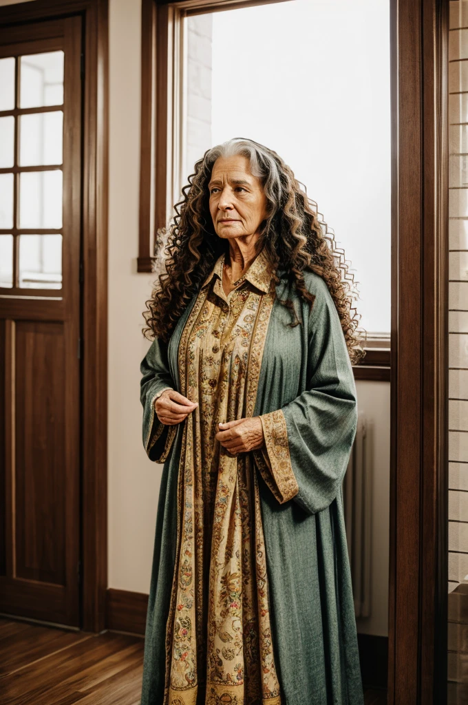 Medium height lady, long curly hair, king, age 60 years old clothes and crying